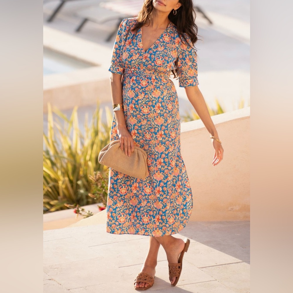 NWT Seraphine Noemi Pleated A-Line Midi Maternity Dress In Blue Multi Size 4